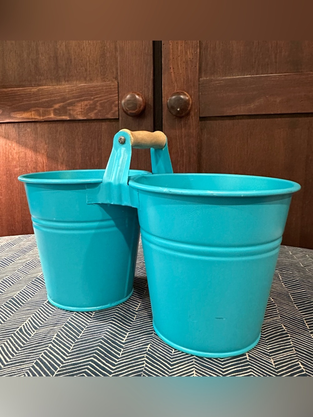 Galvinized • double bucket with wooden handle • metal